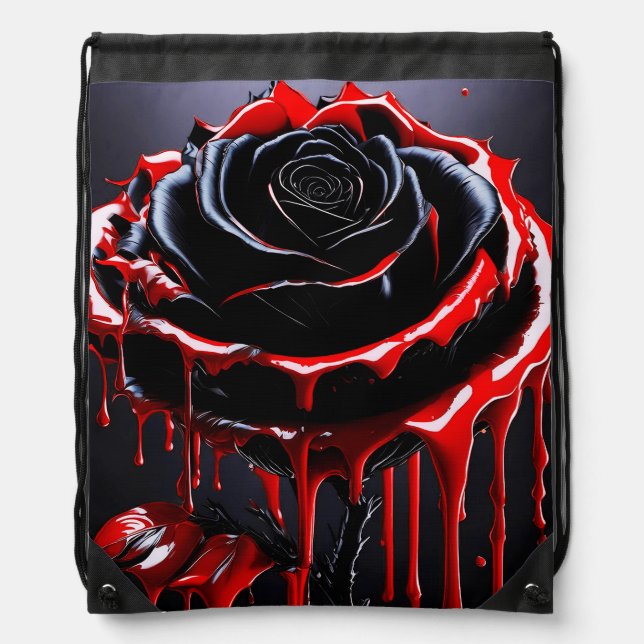 Black Gothic Rose Tote Drawstring Bag (Front)