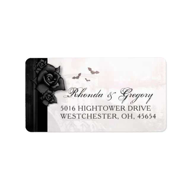 Black Gothic Roses & Bats Wedding Address Label Zazzle