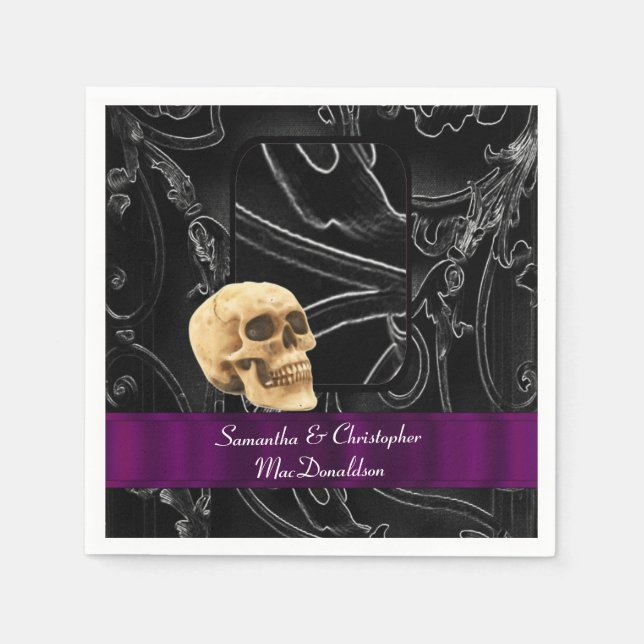 Black gothic skull wedding damask pattern paper napkins (Front)