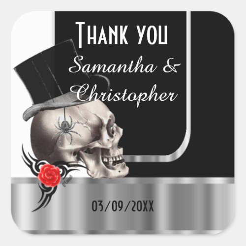 Black gothic skull wedding thank you square sticker