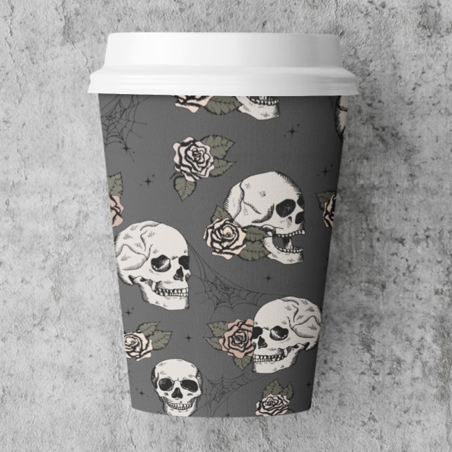 Black Gothic Skulls and Roses Halloween Paper Cups (Purple Gothic Skull Paper Cup. Elegant Pattern of Hand Drawn Skulls & Roses for Fall Halloween Party)