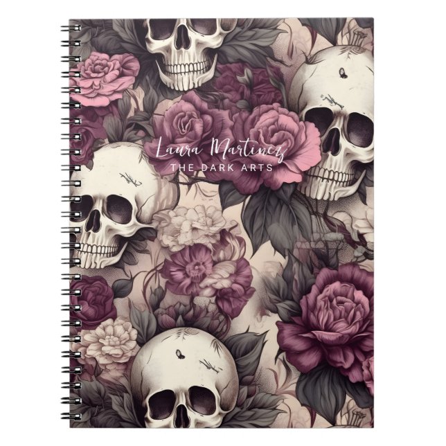 Black Gothic Skulls Pink Floral Botanicals Notebook (Front)
