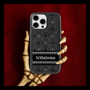 Black Gothic Spiderweb and Skull Pattern with Name iPhone 16 Pro Max Case