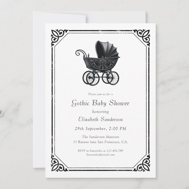 Black Gothic Stroller Baby Shower Invitation (Front)
