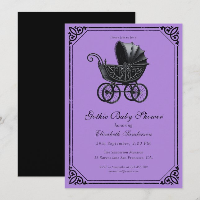 Black Gothic Stroller Baby Shower  Invitation (Front/Back)