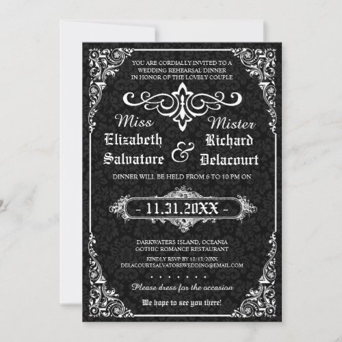 Black Gothic Victorian Damask Rehearsal Dinner Invitation