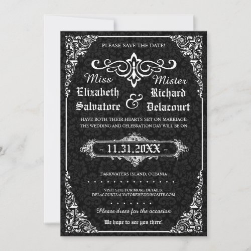 Black Gothic Victorian Damask Save the Dates Save The Date