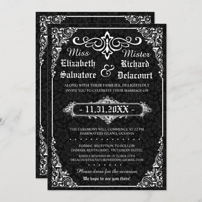 Black Gothic Victorian Damask Wedding Invites (Front/Back)