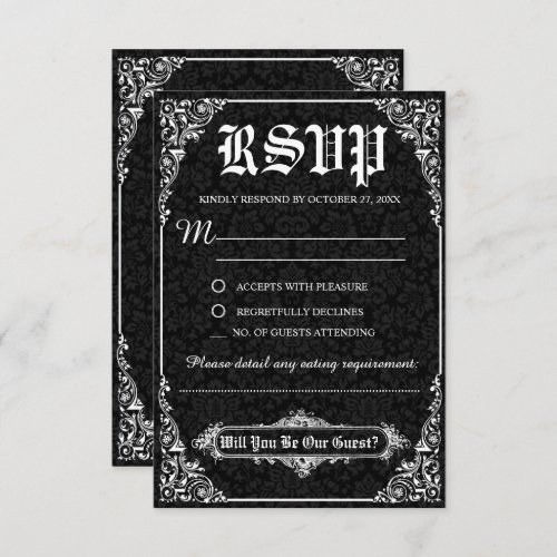 Black Gothic Victorian Damask Wedding RSVP Cards