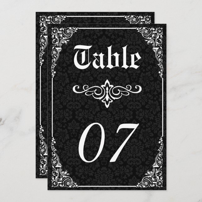 Black Gothic Victorian Damask Wedding Table Number (Front/Back)