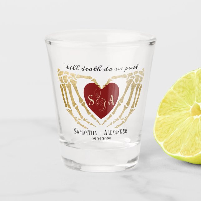 Black Gothic Wedding Skeleton Hands Till Death Shot Glass (Front)