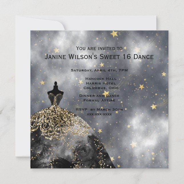 Black Gown Gold Black Sweet16 Birthday Invitation (Front)