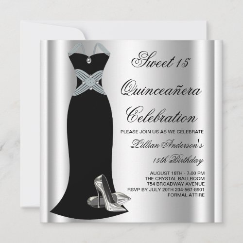 Black Gown High Heel Shoes Sweet 15 Quinceanera Custom Invitations