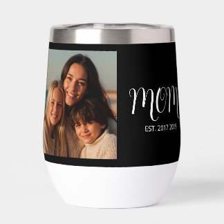 Black Graceful Script Mom Established Photo Gift Thermal Wine Tumbler