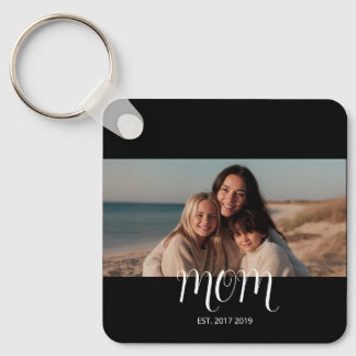 Black Graceful Script Mom Established Photo Keychain
