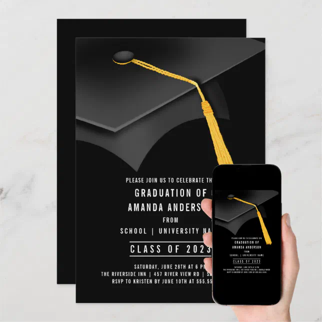 Black Grad Cap Black Graduation Party Invitation | Zazzle