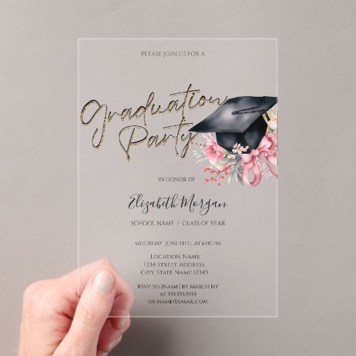 Black Grad Cap Flowers Bow Your Photo Graduation Acrylic Invitations