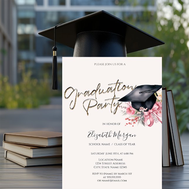 Black Grad Cap Flowers Bow Your Photo Graduation Invitation (Creator Uploaded)