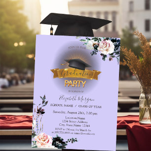 Black Grad Cap,Flowers Light Purple Graduation  Invitation