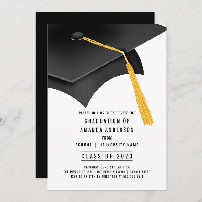 Black Grad Cap Graduation Party Invitation (Front/Back)