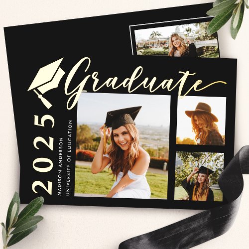 Black Grad Cap Photo Foil Graduation Announcement