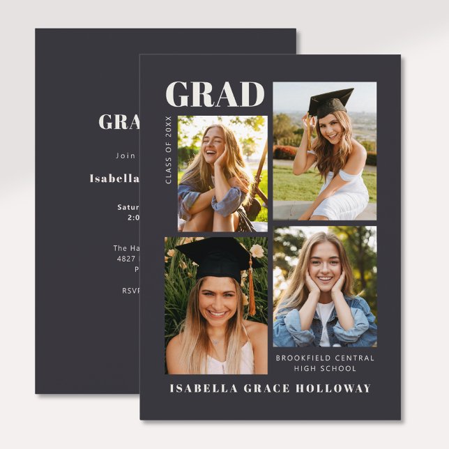Black Grad Invitation With Photos (Black Grad Announcement and Invitation on the back, with 4 photos)