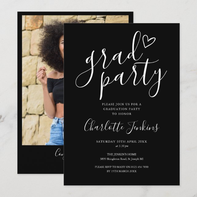 Black Grad Party Script Photo Graduation Party Invitation (Front/Back)
