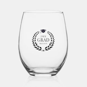 Black Grad Typography Laurel Wreath Stemless Wine Glass