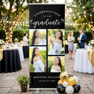 Black Graduate 4 Photo Collage White Script Hearts Retractable Banner