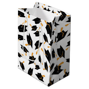 Black Graduate Caps Pattern on White Medium Gift Bag
