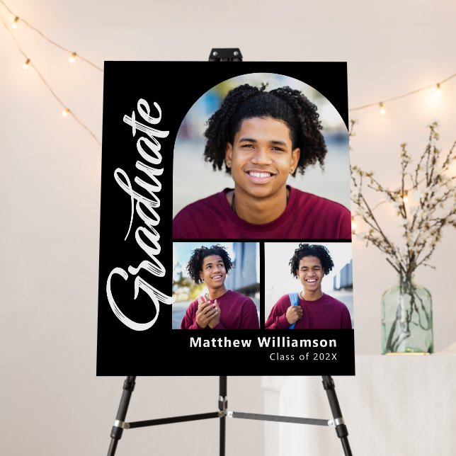Black Graduation 3 Photo Bold Arch White Script Foam Board (In Situ (Stand))