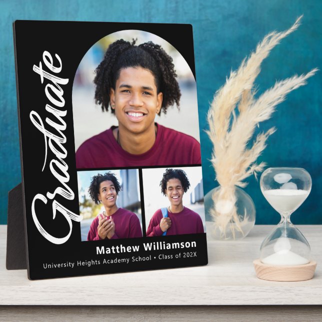 Black Graduation 3 Photo Bold Arch White Script Plaque (Side)