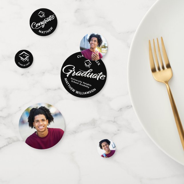 Black Graduation 3 Photo Bold White Script Cap Confetti (Group)