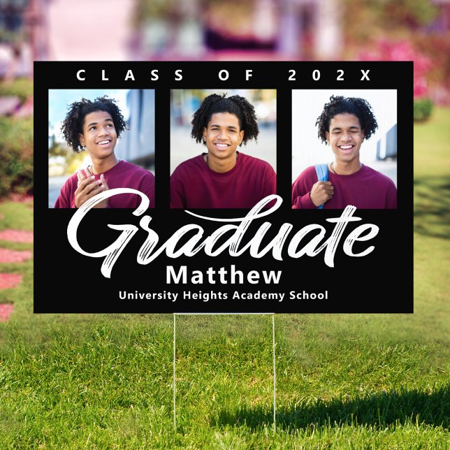 Black Graduation 3 Photo Bold White Script Yard Sign (Creator Uploaded)