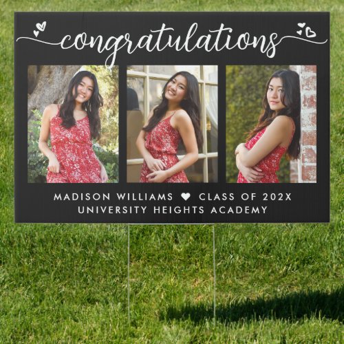 Black Graduation 3 Photo Modern Script Hearts Yard Sign