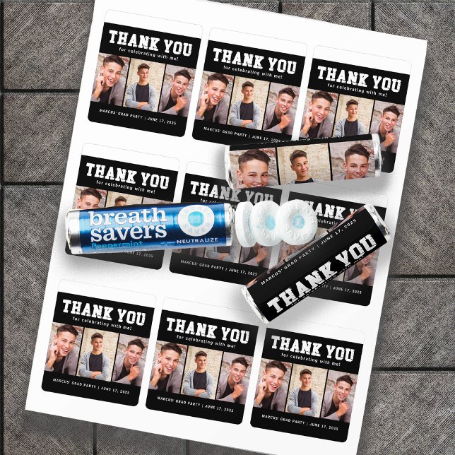 Black Graduation 3 Photo Thank You  Breath Savers® Mints (Black and white 3-photo graduation party breath mints.)