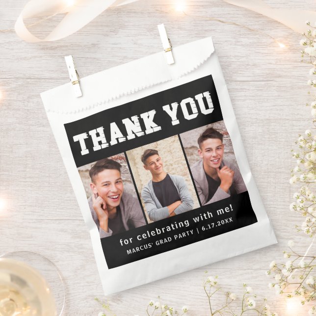 Black Graduation 3 Photo Thank You  Favor Bag (Clipped)