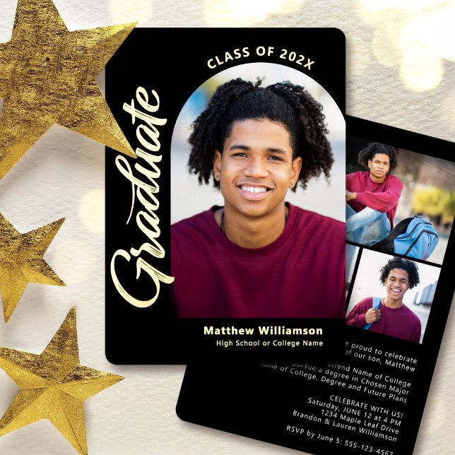 Black Graduation 4 Photo Bold Arch Party Real Gold Foil Invitation (Creator Uploaded)