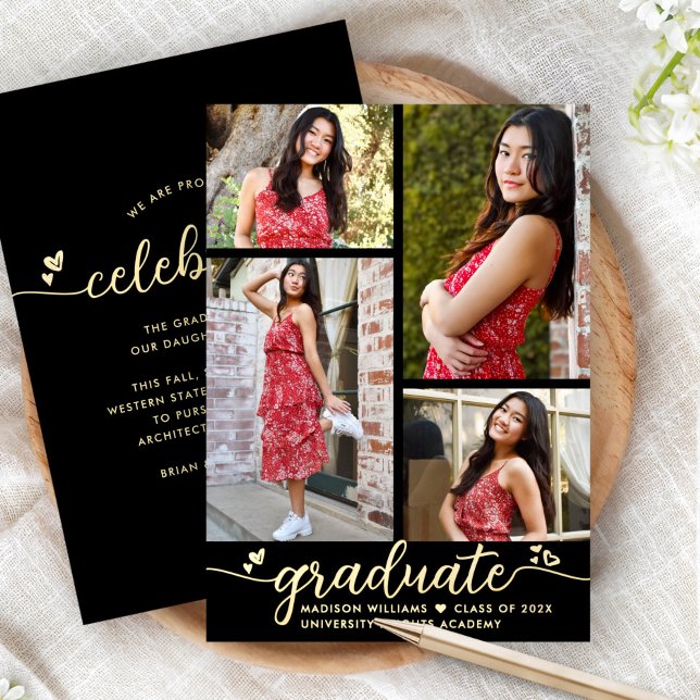 Black Graduation 4 Photo Modern Script Real Gold Foil Invitation (Creator Uploaded)