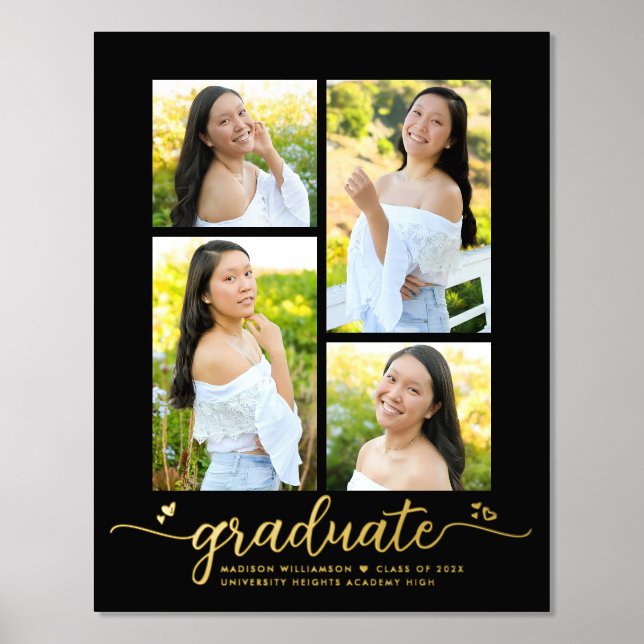 Black Graduation 4 Photo Script Hearts Real Gold Foil Prints (Front)