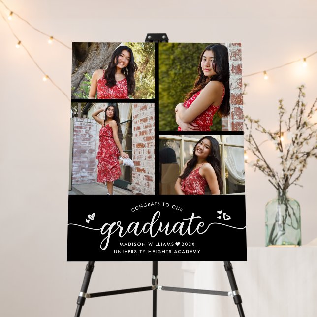 Black Graduation 4 Photo White Script Hearts Bold Foam Board (In Situ (Stand))