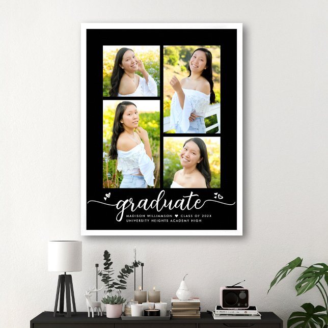 Black Graduation 4 Photo White Script Hearts Girly Poster (Creator Uploaded)