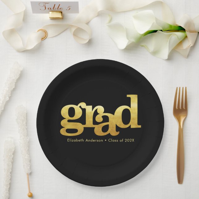 Black graduation bold gold foil typography modern paper plates (Wedding)