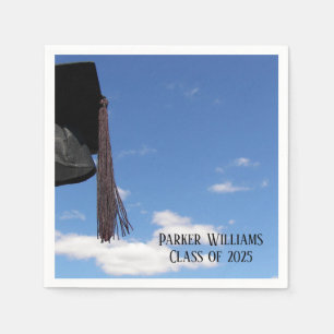 black graduation cap and tassel in sky paper napkins