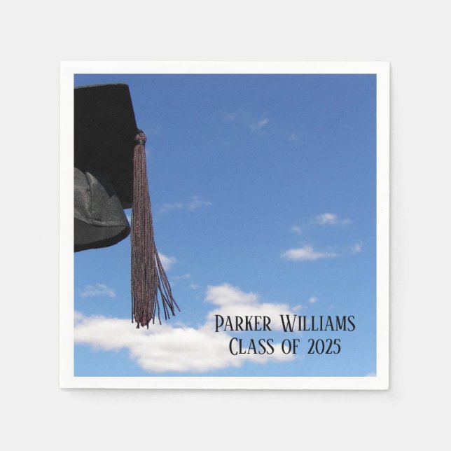 black graduation cap and tassel in sky paper napkins (Front)