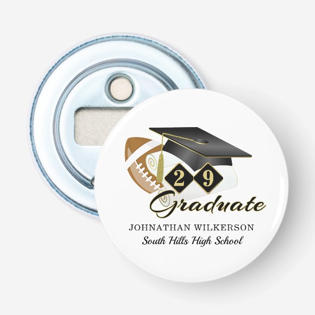 Black Graduation Cap Football Personalized Bottle Opener (Front)