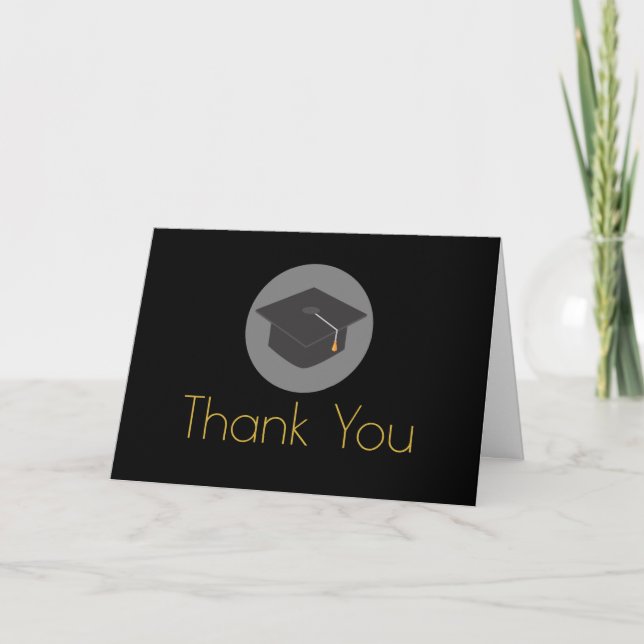 Black Graduation Cap Gold Lettering Thank You Card (Front)