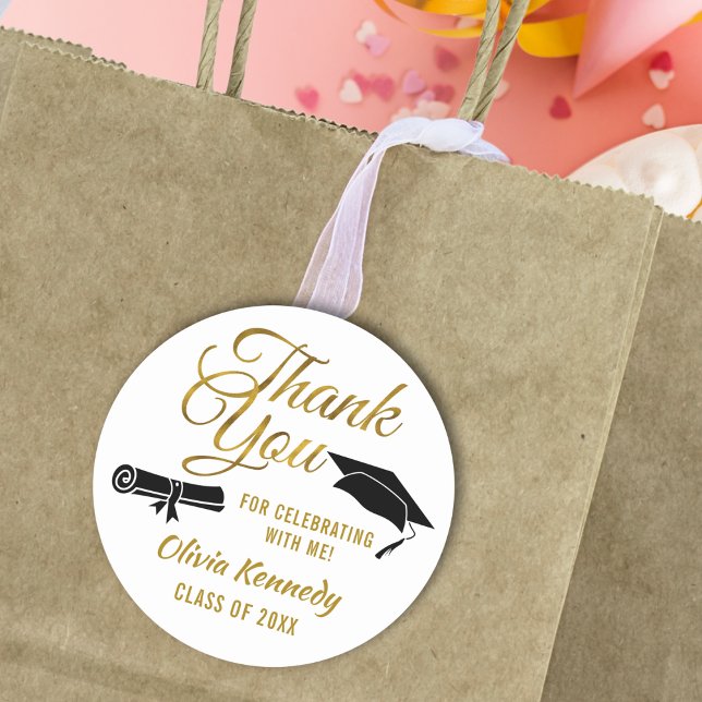 Black Graduation Cap Gold Thank You Script Favor Classic Round Sticker (Creator Uploaded)
