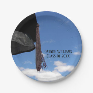 Black Graduation cap in sky Paper Plates