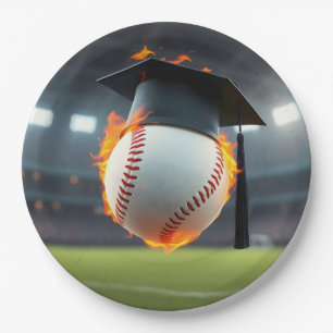Black Graduation Cap On a Flaming Baseball Paper Plates